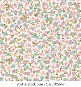 Lovely seamless floral pattern with bright colorful small flowers. Folk style millefleurs. Plant background for textile, wallpaper, covers, surface, print, wrap, scrapbooking, decoupage.