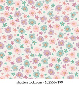 Lovely seamless floral pattern with bright colorful small flowers. Folk style millefleurs. Plant background for textile, wallpaper, covers, surface, print, wrap, scrapbooking, decoupage.