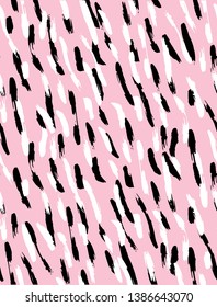 Lovely Seamless Irregular Vector Pattern with Abstract Wild Animal Skin Design. Black and White Brush Stripes Isolated on a Light Pink Background. Cute Pastel Colors Simple Hand Drawn Lines.