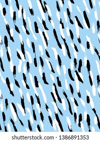 Lovely Seamless Irregular Vector Pattern with Abstract Wild Animal Skin Design. Black and White Brush Stripes Isolated on a Light Blue Background. Simple Hand Drawn Line Design for Textile, Printing.