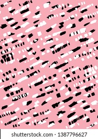 Lovely Seamless Irregular Vector Pattern with Abstract Black and White Brush Stripes Isolated on a Light Pink Background. Cute Simple Hand Drawn Lines Desig for Textile, Wrapping Paaper, Layout.