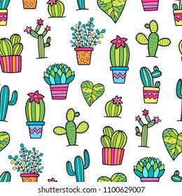 Lovely seamless patter with cactus in pot, succulent flower. 