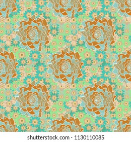 Lovely seamless pattern. Abstract seamless bright background from picturesque stylized beige, green and blue flowers. Vector background with flowers. Fabric for summer tropical holiday.