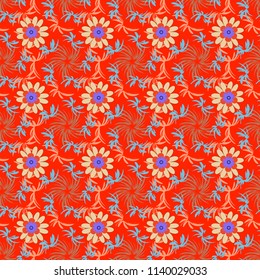 Lovely seamless pattern. Abstract seamless bright background from picturesque stylized blue, orange and red flowers. Vector background with flowers. Fabric for summer tropical holiday.