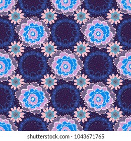 Lovely seamless pattern with abstract vector flowers in blue, red and gray colors. Perfect for your project, wedding, greeting card, packaging, wallpaper, pattern, texture, cover, Birthday.