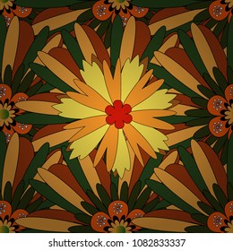 Lovely seamless pattern with abstract vector flowers in green, brown and orange colors. Perfect for your project, wedding, greeting card, packaging, wallpaper, pattern, texture, cover, Birthday.