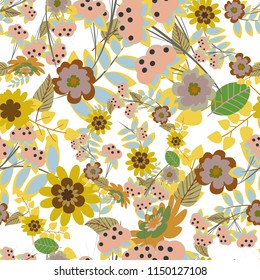 Lovely seamless pattern with abstract vector flowers in beige, white and yellow colors. Perfect for your project, wedding, greeting card, packaging, wallpaper, pattern, texture, cover, Birthday.