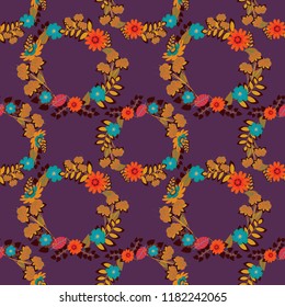 Lovely seamless pattern with abstract vector flowers in violet, brown and orange colors. Perfect for your project, wedding, greeting card, packaging, wallpaper, pattern, texture, cover, Birthday.