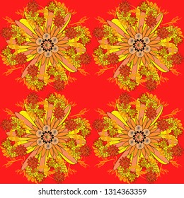 Lovely seamless pattern with abstract vector flowers in orange, red and yellow colors. Perfect for your project, wedding, greeting card, packaging, wallpaper, pattern, texture, cover, Birthday.