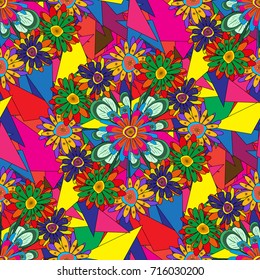 Lovely seamless pattern with abstract vector flowers in blue, yellow and green colors. Perfect for your project, wedding, greeting card, packaging, wallpaper, pattern, texture, cover, Birthday.