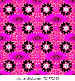 Lovely seamless pattern with abstract vector flowers in pink, magenta and black colors. Perfect for your project, wedding, greeting card, packaging, wallpaper, pattern, texture, cover, Birthday.