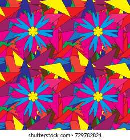 Lovely seamless pattern with abstract vector flowers in magenta, purple and blue colors. Perfect for your project, wedding, greeting card, packaging, wallpaper, pattern, texture, cover, Birthday.