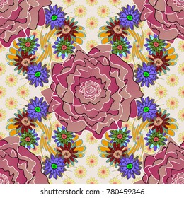 Lovely seamless pattern with abstract vector flowers in pink, beige and yellow colors. Perfect for your project, wedding, greeting card, packaging, wallpaper, pattern, texture, cover, Birthday.