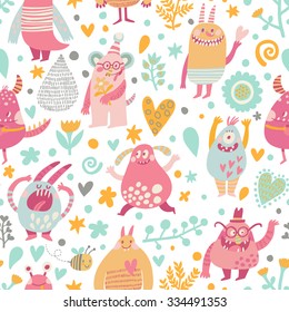 Schönes nahtloses Muster mit fantastischen Monstern in Herzen, Sternen und Blumen für Kinder Designs. Süße lächelnde Kreaturen in warmen Farben in Vektorgrafik. Fantastischer kalter Hintergrund