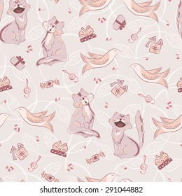 Lovely seamless pattern with birds, cats, gifts boxes and notes. Vector Music seamless pattern.