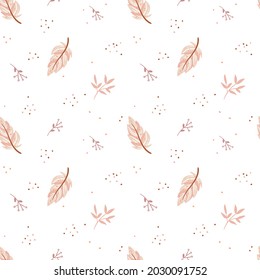 Bonito patrón impecable al estilo boho. Plumas rosas y elementos florales en el fondo blanco. Ilustración de dibujos animados de plumas tribales. Ornamento étnico indio. Los niños de escándalo lindo imprimen.