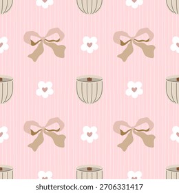 Schönes, nahtloses Muster mit Kerze, Herz, Blume auf weichrosa Hintergrund. Ideal für Valentinstag Dekor, Schreibwaren und Verpackungen.