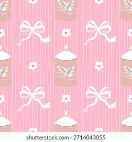 Lovely seamless pattern with candle, heart, flower on soft pink background. Ideal for Valentine decor, stationery and packaging.