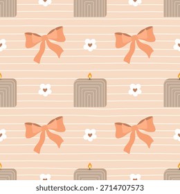 Lovely seamless pattern with candle, heart, flower on soft beige background. Ideal for Valentine decor, stationery and packaging.
