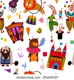 Lovely seamless pattern for children designs. Circus performance  with athlete animals: clown,rabbit, butterfly, lion, bear and weightlifter- magician vectorbackground