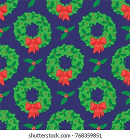 Lovely seamless pattern with with christmas wreath and holly. Good for textile fabric design, wrapping paper and website wallpapers. Vector illustration.