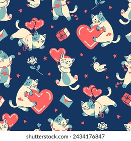Lovely seamless pattern with cute adorable kittens and bright hearts. Tile funny background. Gift wrapping paper, fabric or backdrop