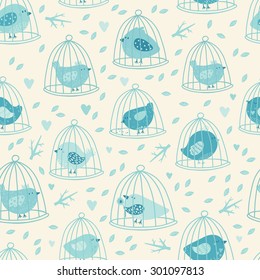 Lovely seamless pattern with cute birds, leafs, hearts and tree branches. Vector background in pastel colors. Seamless pattern can be used for wallpapers, pattern fills, web page backgrounds.