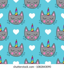 Lovely seamless pattern with cute caticorns with rainbow mane. Good for fabric, textile, wrapping paper for children.