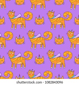 Lovely seamless pattern with cute caticorns with rainbow mane. Good for fabric, textile, wrapping paper for children.