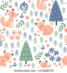 Lovely seamless pattern with cute foxes in forest. Trendy kids background in bright colors in vector.