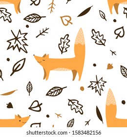 Lovely seamless pattern with cute foxes and autumn leaves. Awesome forest background in bright colors. Vector illustration