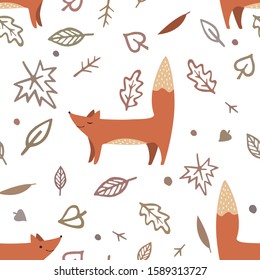 Lovely seamless pattern with cute foxes and autumn leaves. Awesome forest background in bright colors. Vector illustration