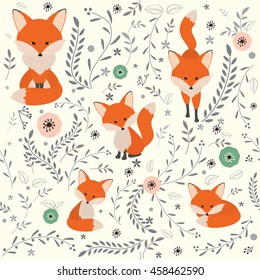Lovely seamless pattern with cute foxes and flowers.