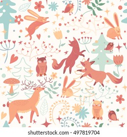 Lovely seamless pattern with cute foxes, deer, owl, rabbit, flowers, trees and stars. background vector