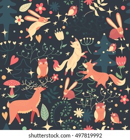 Lovely seamless pattern with cute foxes, deer, owl, rabbit, flowers, trees and stars. Awesome background in bright colors in vector