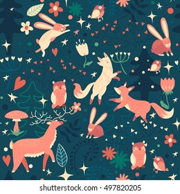 Lovely seamless pattern with cute foxes, deer, owl, rabbit, flowers, trees and stars. Awesome background in bright colors in vector