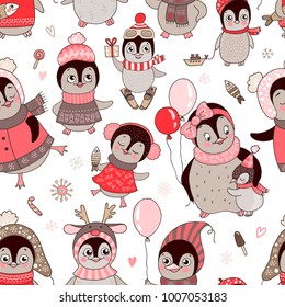 Lovely seamless pattern with cute penguins and snowflake for you design on a white background. Hand drawn illustration in cartoon style.