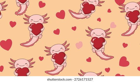 Lovely seamless pattern of cute pink axolotls swimming and holding red hearts on a warm peach colored background.