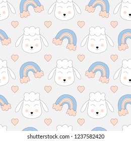 Lovely seamless pattern with cute sheep, rainbow and heart. Scandinavian design. Vector illustration.
