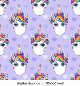Lovely seamless pattern with cute unicorn heads with rainbow mane. Good for fabric, textile, wrapping paper for children.