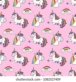 Lovely seamless pattern with cute unicorns with rainbow mane. Good for fabric, textile, wrapping paper for children.