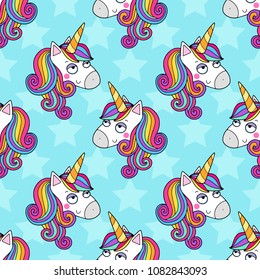 Lovely seamless pattern with cute unicorns with rainbow mane. Good for fabric, textile, wrapping paper for children.