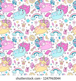 Lovely seamless pattern with cute unicorns, rainbow, clouds, ice cream, sun, hearts and stars. Hand drawn illustration for you design on a white background in cartoon style.