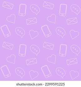 Schönes, nahtloses Muster mit verschiedenen Symbolen für soziale Medien, Webseiten und Werbehintergründe. Mobiltelefon, E-Mail, Herz, Chat.