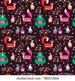 Lovely seamless pattern of foxes, bears, rabbits and colorful hearts.