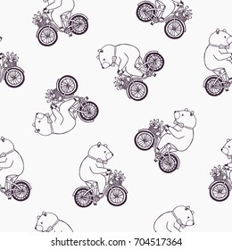 Lovely seamless pattern with funny cartoon bear wearing dotted bow tie and riding bicycle with basket full of tulip flowers. Vector illustration for wallpaper, textile print, wrapping paper, backdrop.