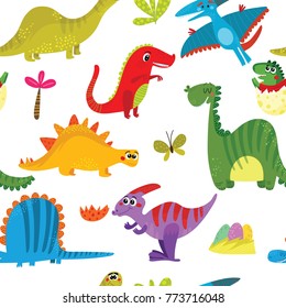 Lovely seamless pattern with funny dinosaurs in cartoon. Backgroundl for cards, invitations, party, banners,  baby shower, preschool or children textile