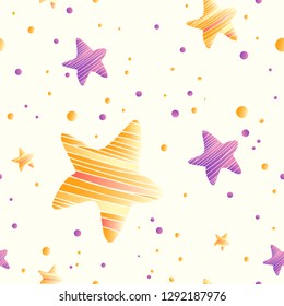 Lovely seamless pattern with golden and violet stars and dots. Shining holiday background. Vector childish art