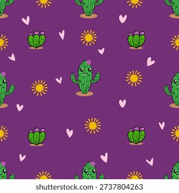 A lovely seamless pattern of green cactus,pink heart and orange sun on dark purple background, perfect for fabrics, textiles, and wallpaper.
