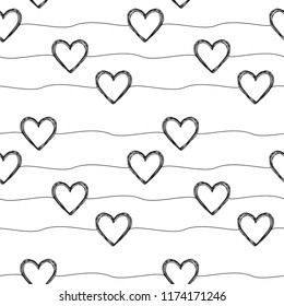 Lovely seamless pattern with hand drawn scribble hearts and stripes randomly placed. Vector illustration